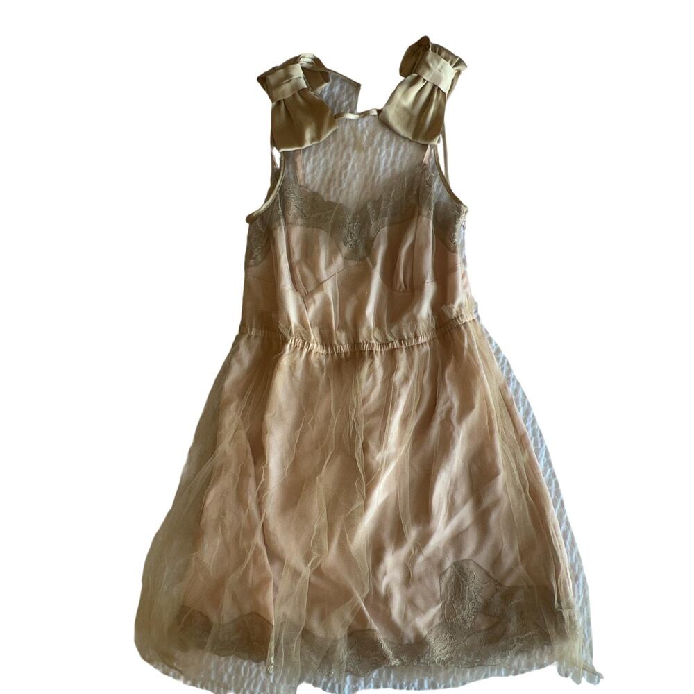 Rodarte Slip Dress Womens M Beige Tulle Sweetheart Lace Bow Lined Party Cocktail